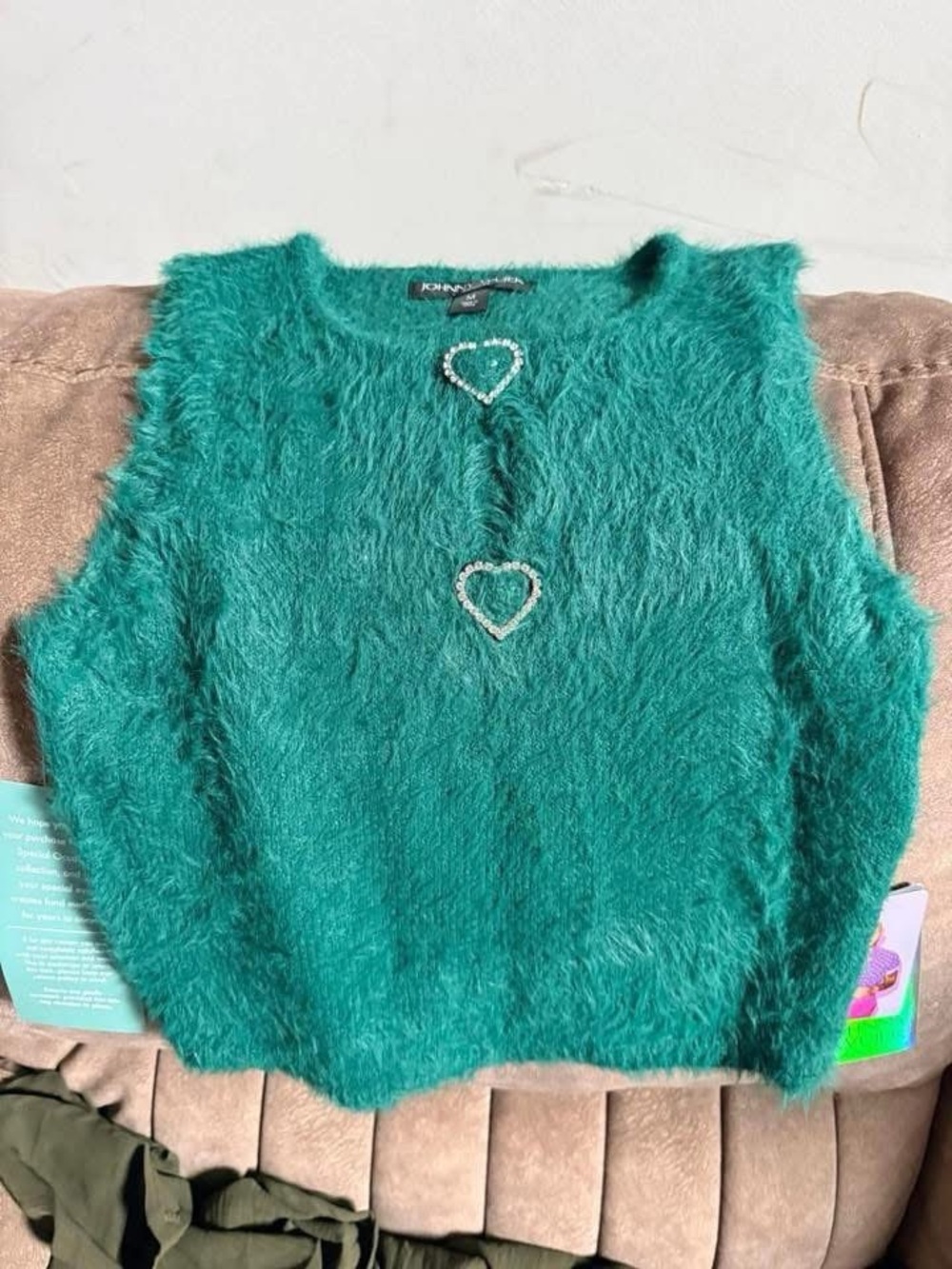 Johnny Wujek Green Fuzzy Heart-Accent Sleeveless Sweater